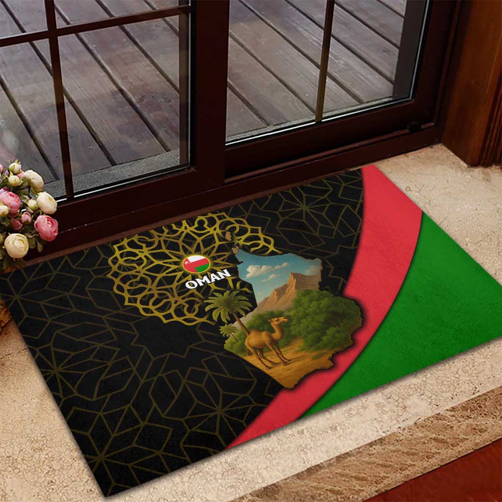 Oman Rubber Doormat with Camel Landscape and Geometric Pattern Design