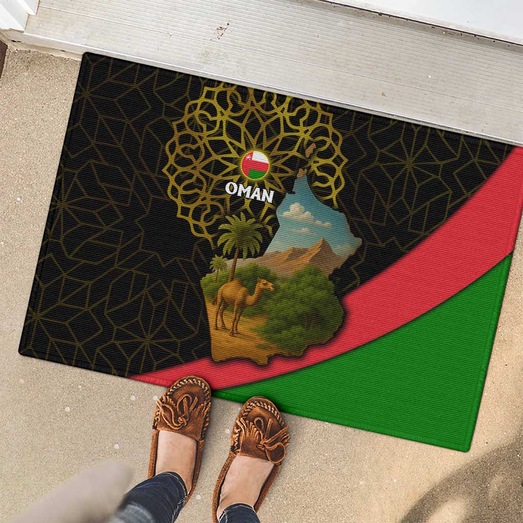 Oman Rubber Doormat with Camel Landscape and Geometric Pattern Design