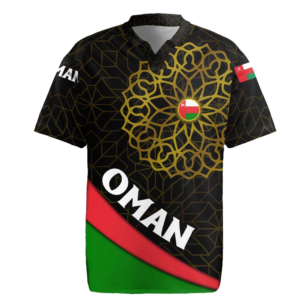 Oman Rugby Jersey with Camel Landscape and Geometric Pattern Design