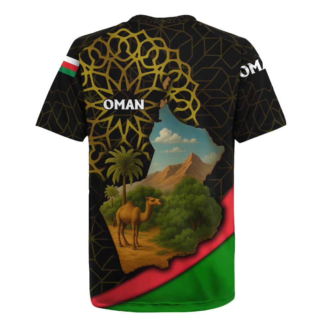 Oman Rugby Jersey with Camel Landscape and Geometric Pattern Design