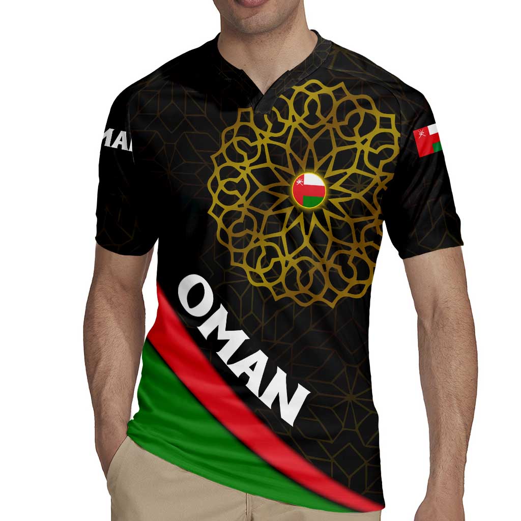 Oman Rugby Jersey with Camel Landscape and Geometric Pattern Design
