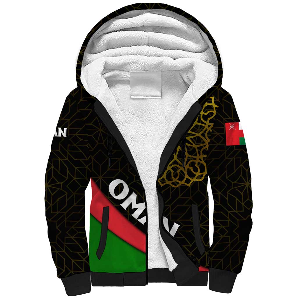 Oman Sherpa Hoodie with Camel Landscape and Geometric Pattern Design