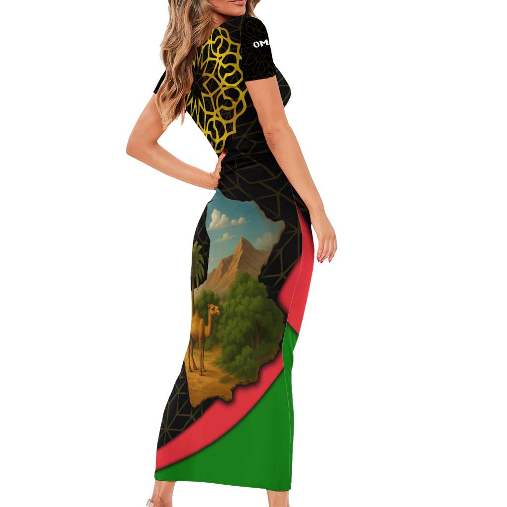 Oman Short Sleeve Bodycon Dress with Camel Landscape and Geometric Pattern Design