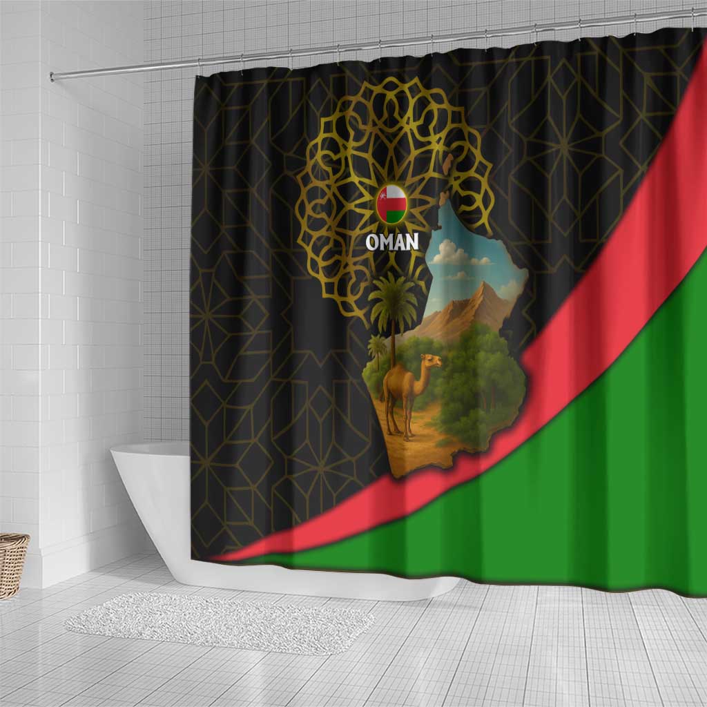 Oman Shower Curtain with Camel Landscape and Geometric Pattern Design