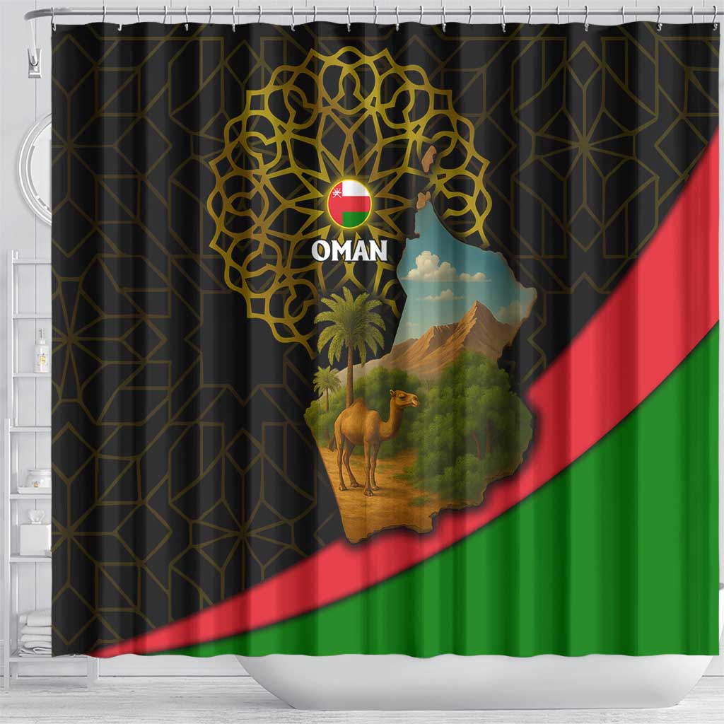 Oman Shower Curtain with Camel Landscape and Geometric Pattern Design