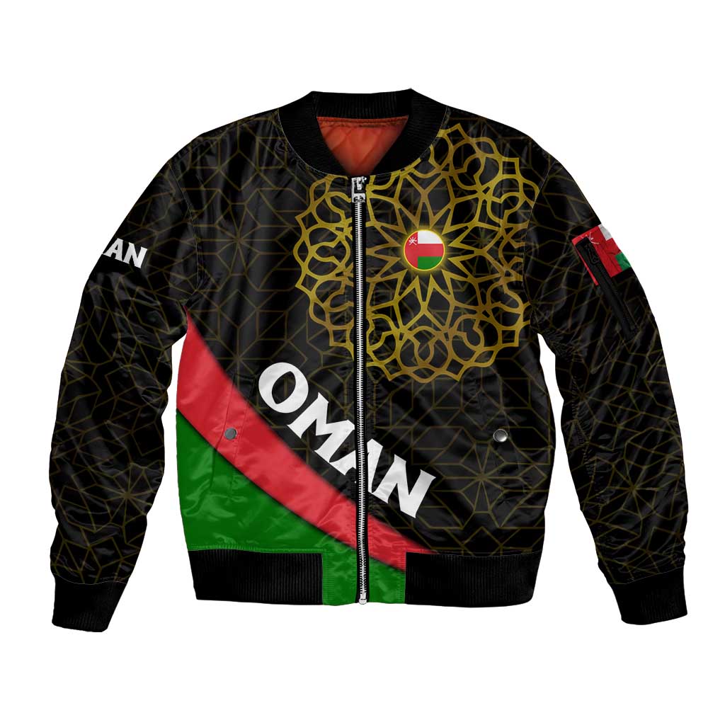 Oman Sleeve Zip Bomber Jacket with Camel Landscape and Geometric Pattern Design
