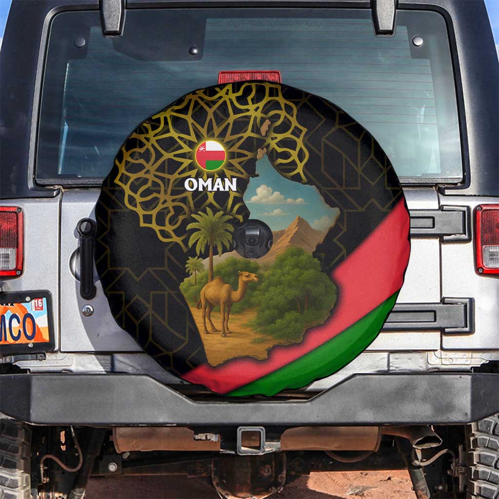 Oman Spare Tire Cover with Camel Landscape and Geometric Pattern Design