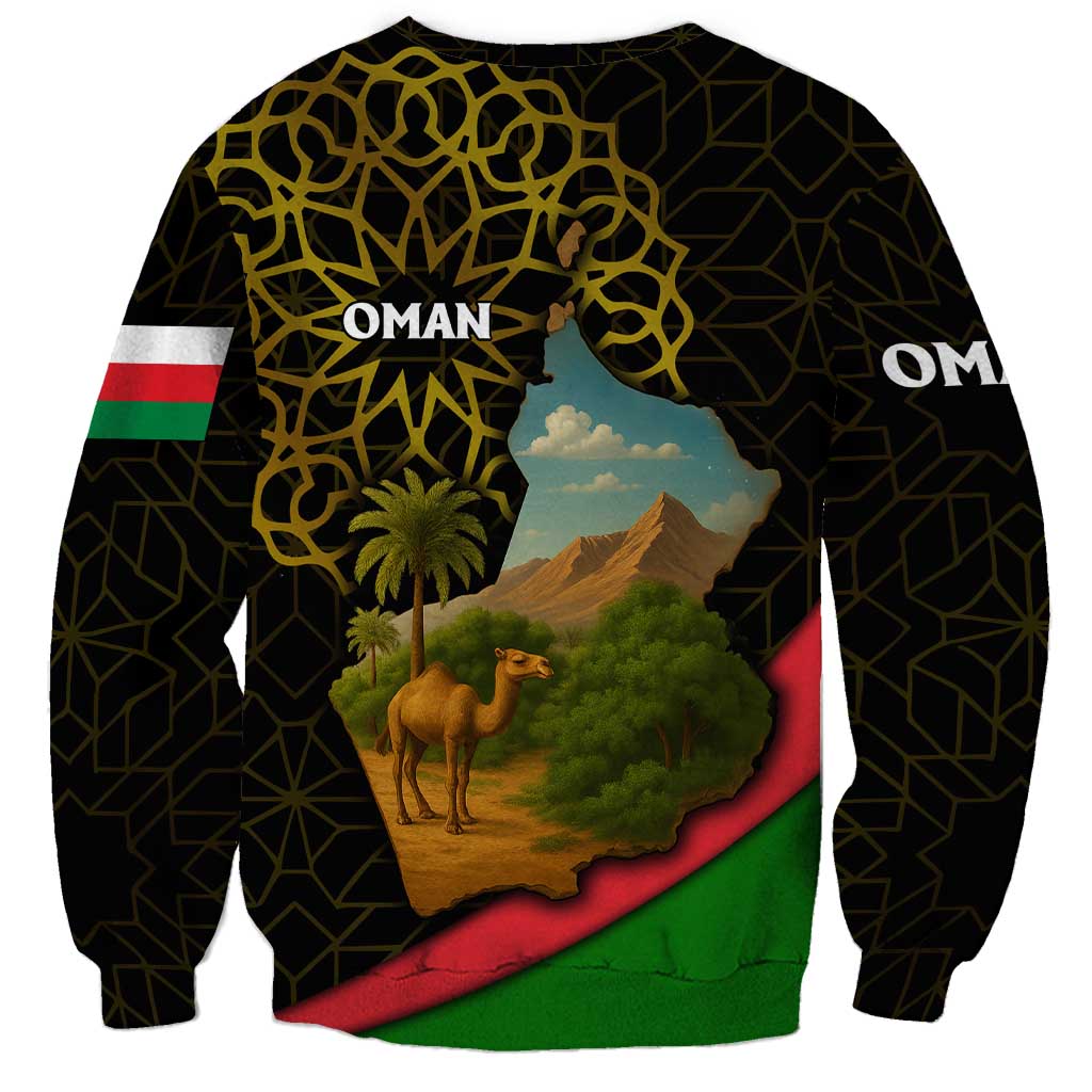 Oman Sweatshirt with Camel Landscape and Geometric Pattern Design