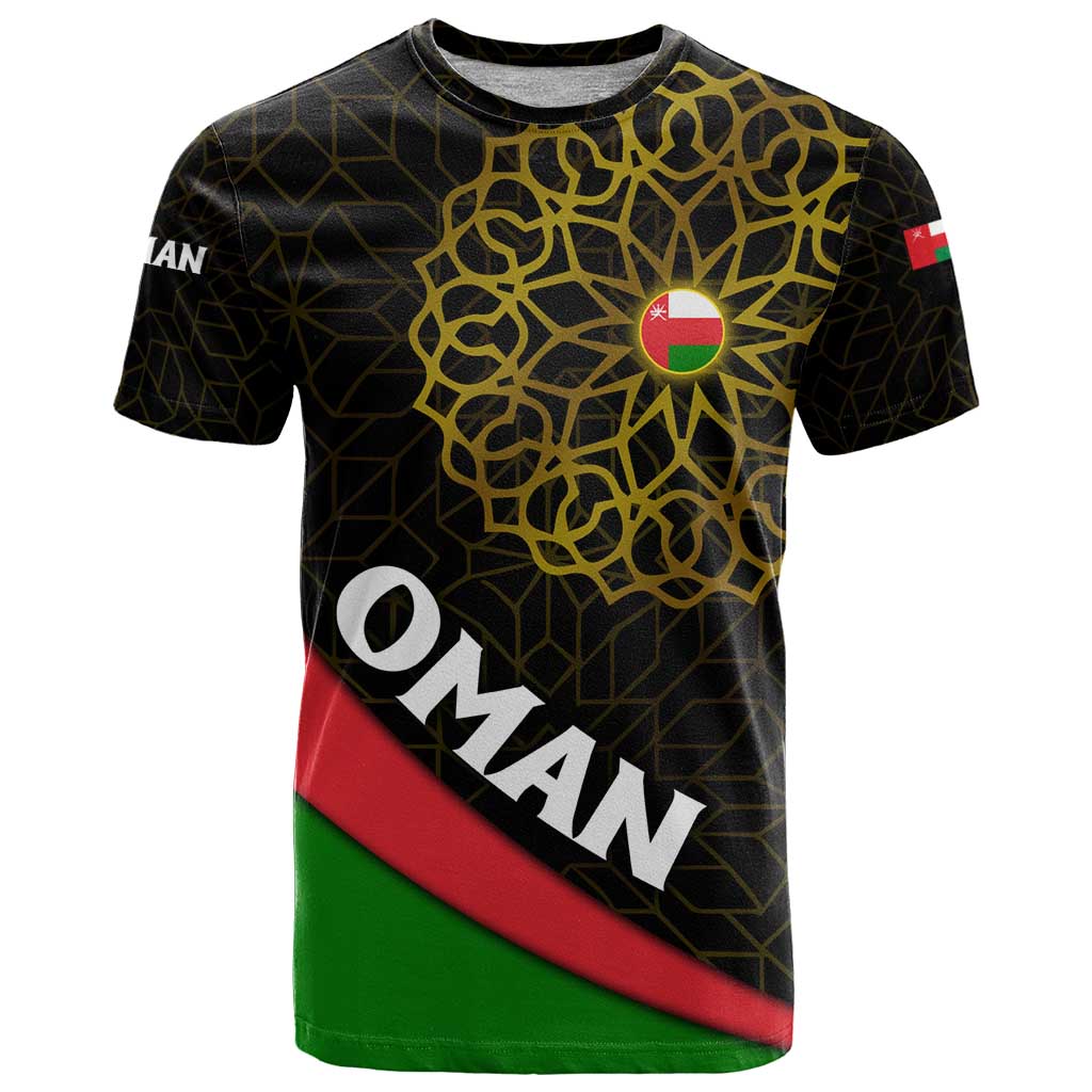 Oman T Shirt with Camel Landscape and Geometric Pattern Design