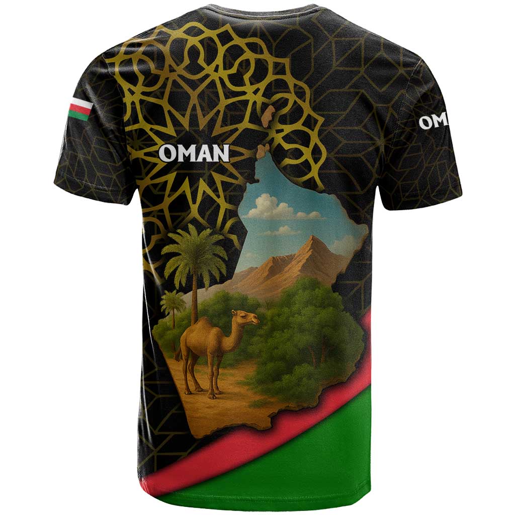 Oman T Shirt with Camel Landscape and Geometric Pattern Design