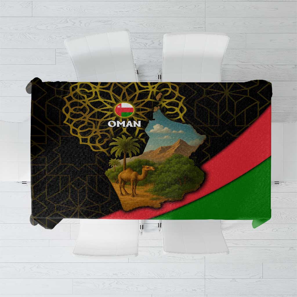 Oman Tablecloth with Camel Landscape and Geometric Pattern Design