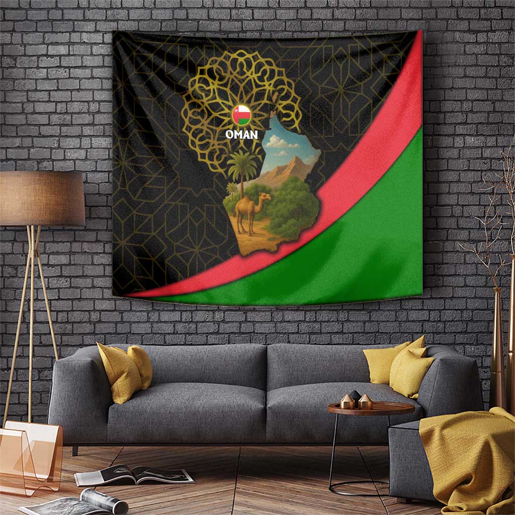 Oman Tapestry with Camel Landscape and Geometric Pattern Design