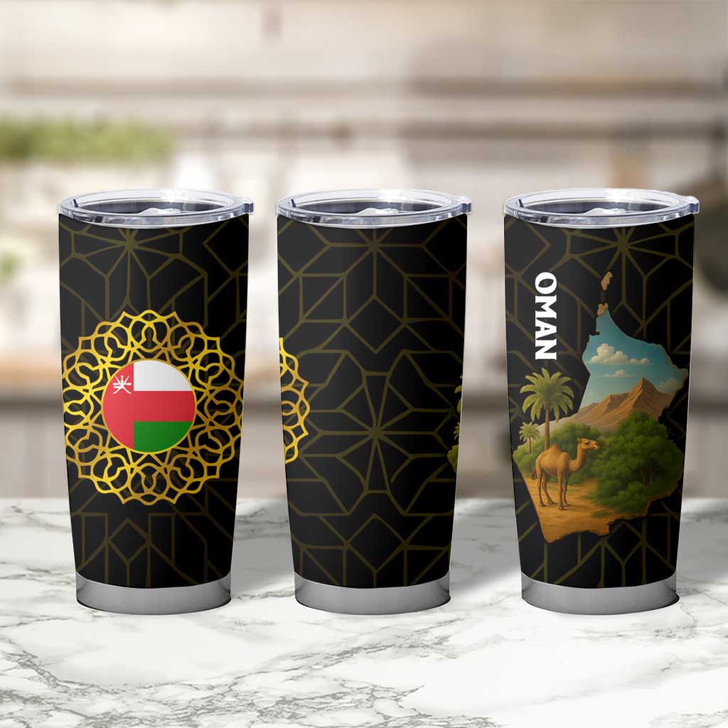 Oman Tumbler Cup with Camel Landscape and Geometric Pattern Design
