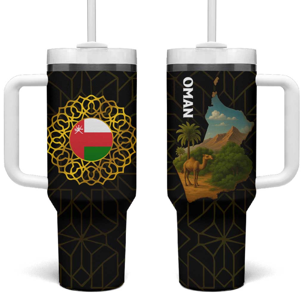 Oman Tumbler With Handle with Camel Landscape and Geometric Pattern Design