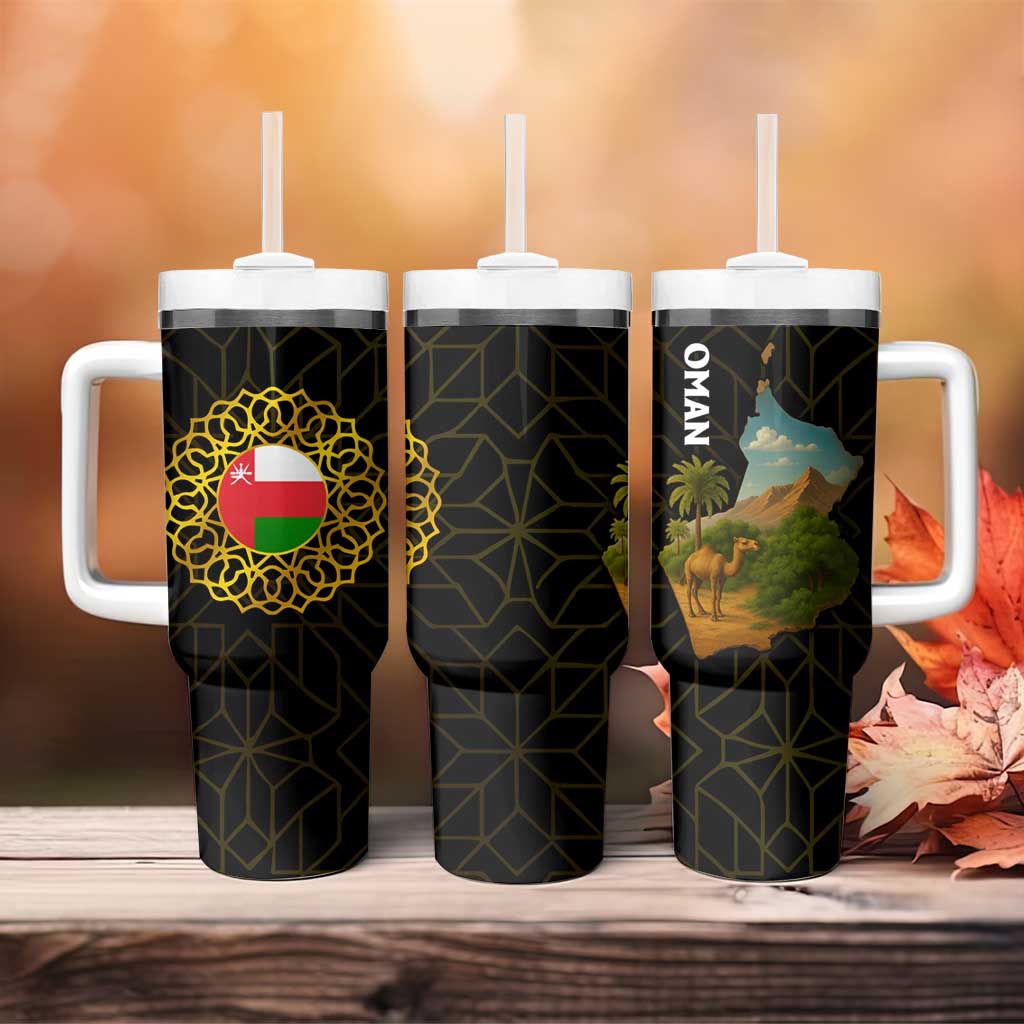 Oman Tumbler With Handle with Camel Landscape and Geometric Pattern Design