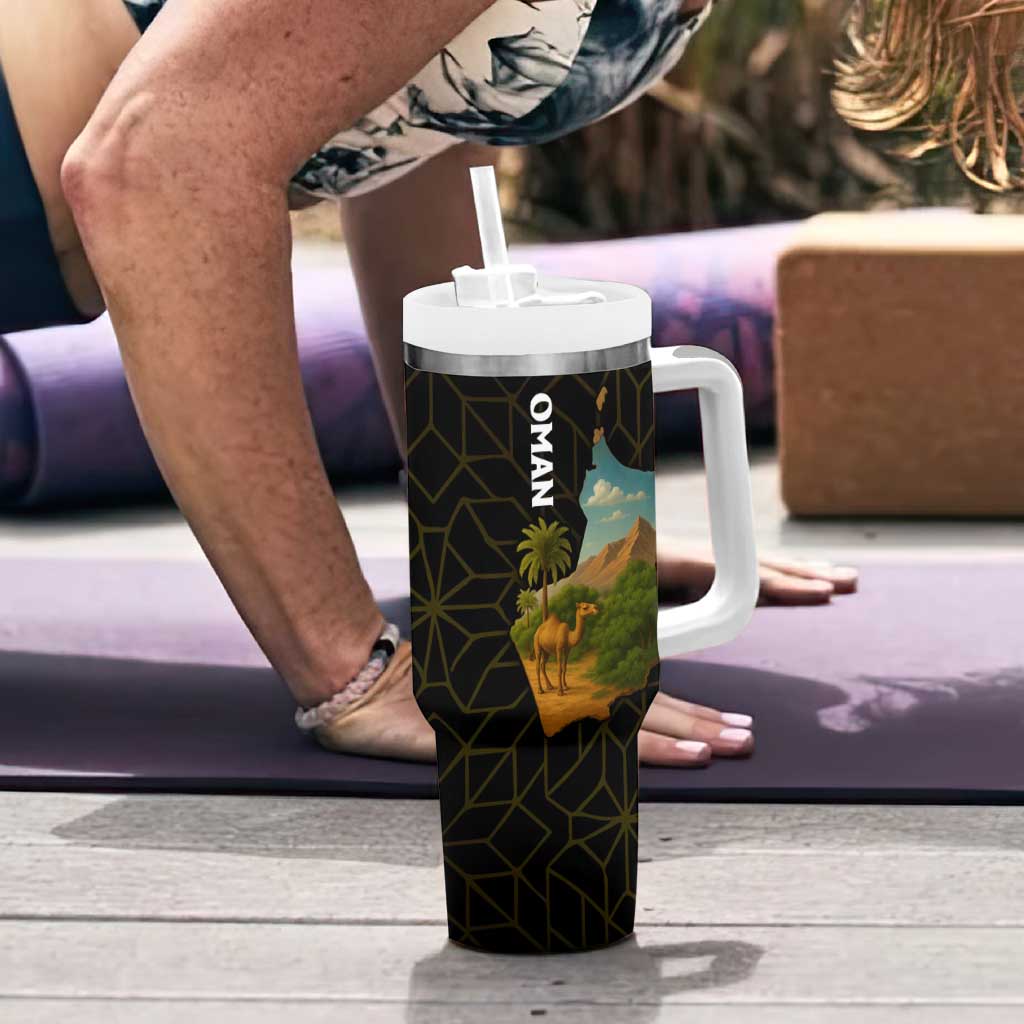 Oman Tumbler With Handle with Camel Landscape and Geometric Pattern Design