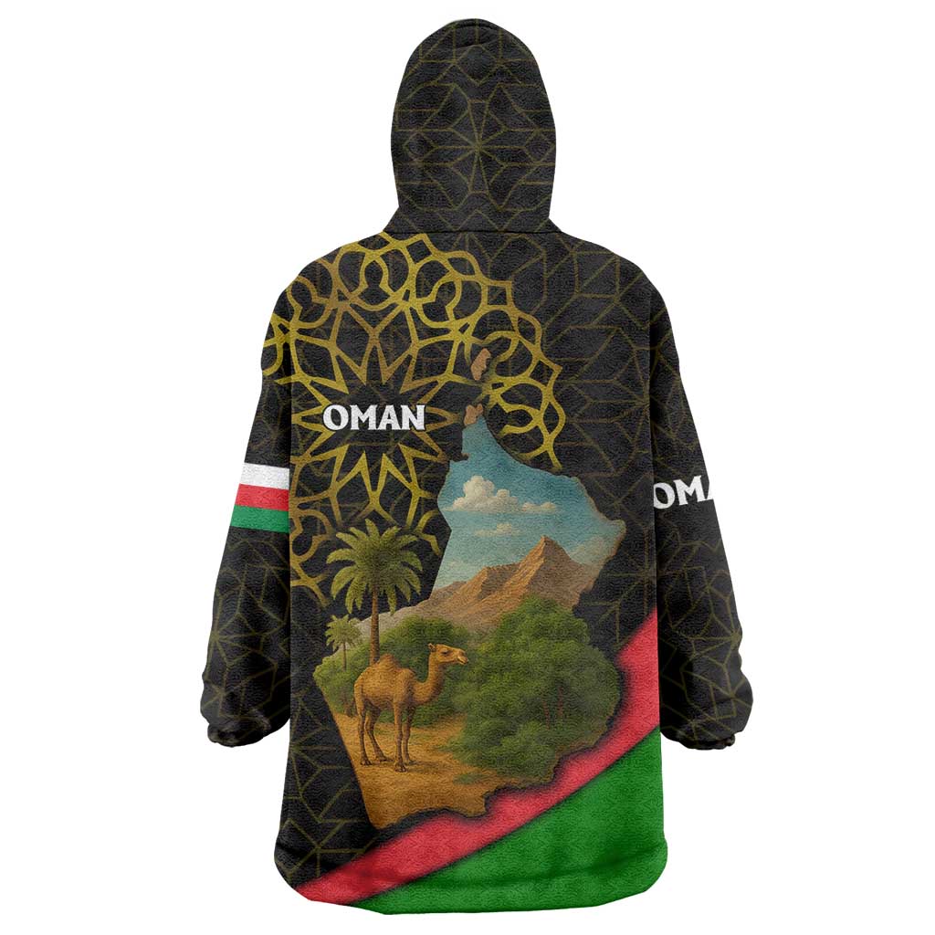 Oman Wearable Blanket Hoodie with Camel Landscape and Geometric Pattern Design