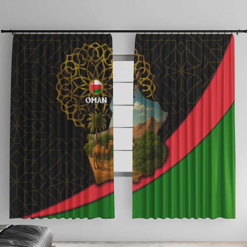 Oman Window Curtain with Camel Landscape and Geometric Pattern Design