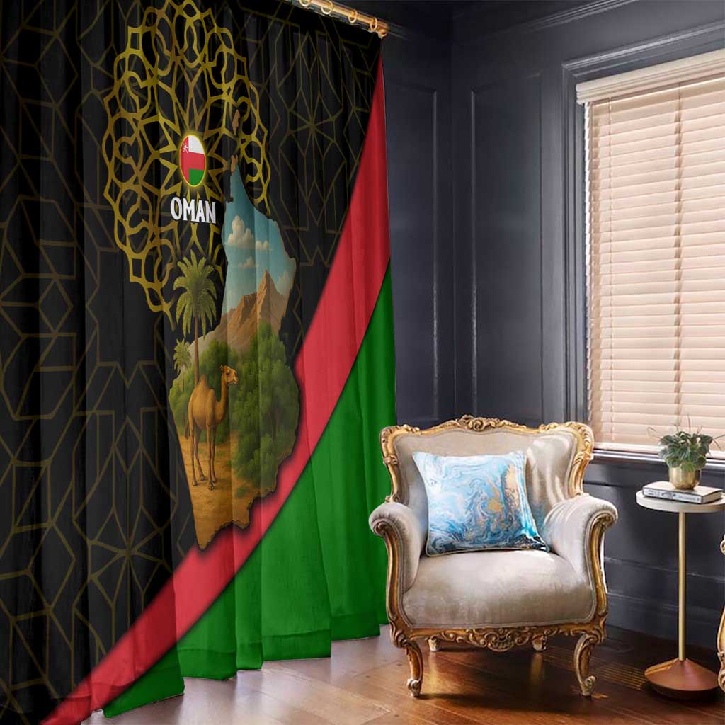 Oman Window Curtain with Camel Landscape and Geometric Pattern Design