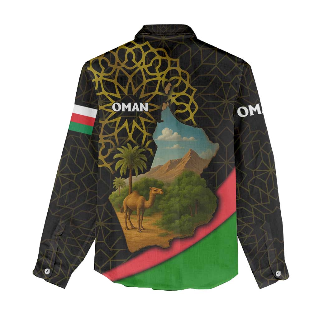 Oman Women Casual Shirt with Camel Landscape and Geometric Pattern Design