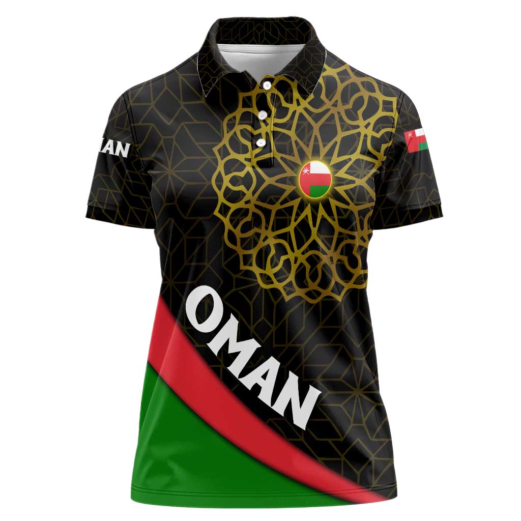 Oman Women Polo Shirt with Camel Landscape and Geometric Pattern Design
