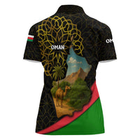 Oman Women Polo Shirt with Camel Landscape and Geometric Pattern Design