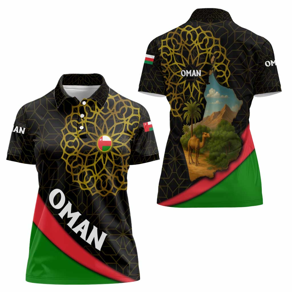 Oman Women Polo Shirt with Camel Landscape and Geometric Pattern Design