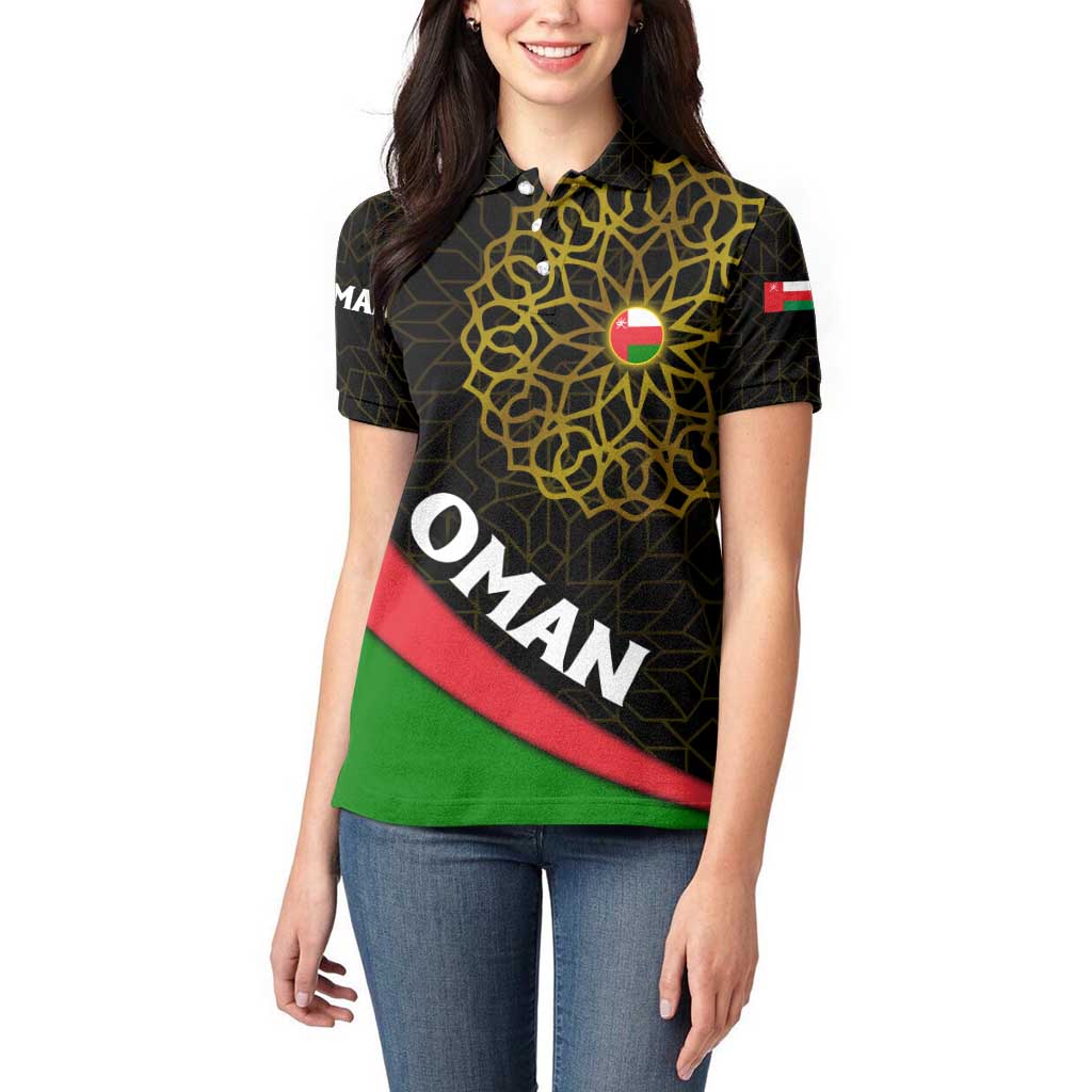 Oman Women Polo Shirt with Camel Landscape and Geometric Pattern Design