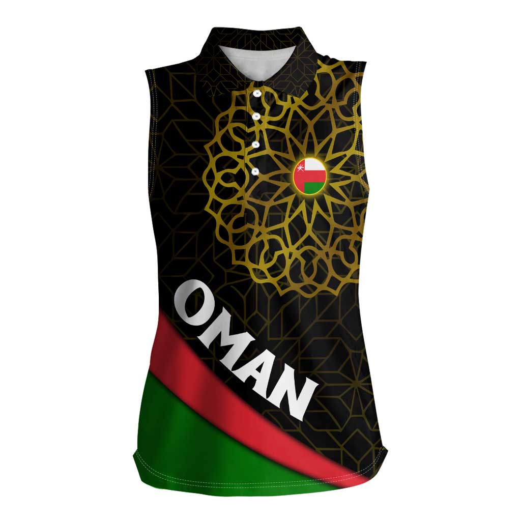 Oman Women Sleeveless Polo Shirt with Camel Landscape and Geometric Pattern Design