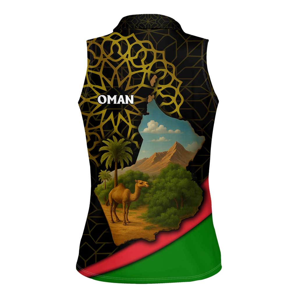 Oman Women Sleeveless Polo Shirt with Camel Landscape and Geometric Pattern Design