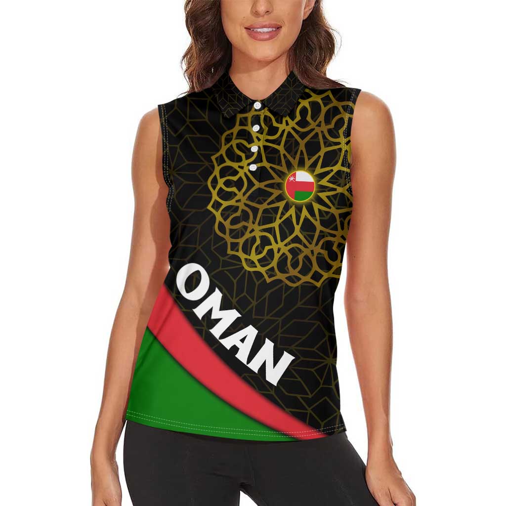 Oman Women Sleeveless Polo Shirt with Camel Landscape and Geometric Pattern Design