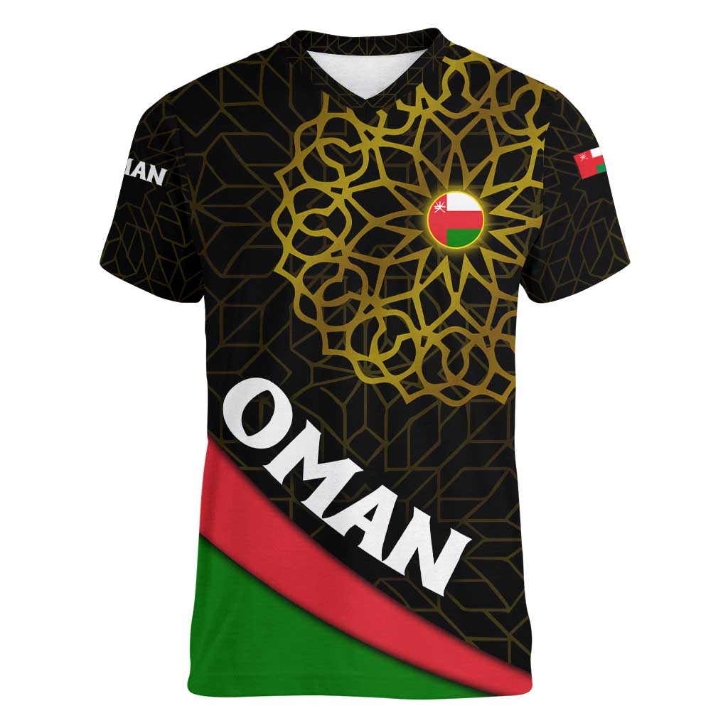 Oman Women V-Neck T-Shirt with Camel Landscape and Geometric Pattern Design