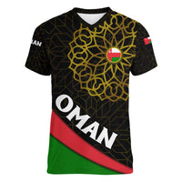 Oman Women V-Neck T-Shirt with Camel Landscape and Geometric Pattern Design