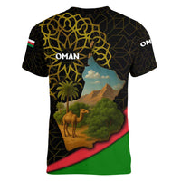 Oman Women V-Neck T-Shirt with Camel Landscape and Geometric Pattern Design
