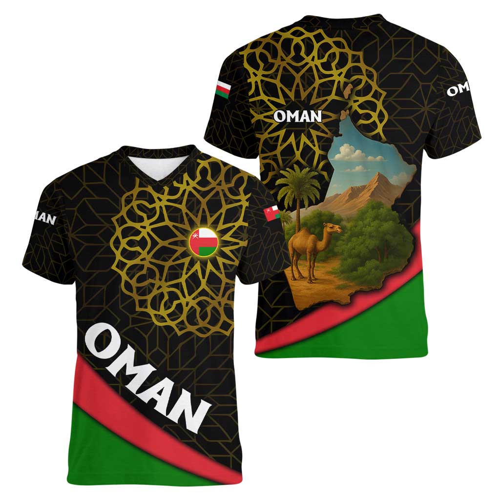 Oman Women V-Neck T-Shirt with Camel Landscape and Geometric Pattern Design