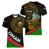 Oman Women V-Neck T-Shirt with Camel Landscape and Geometric Pattern Design