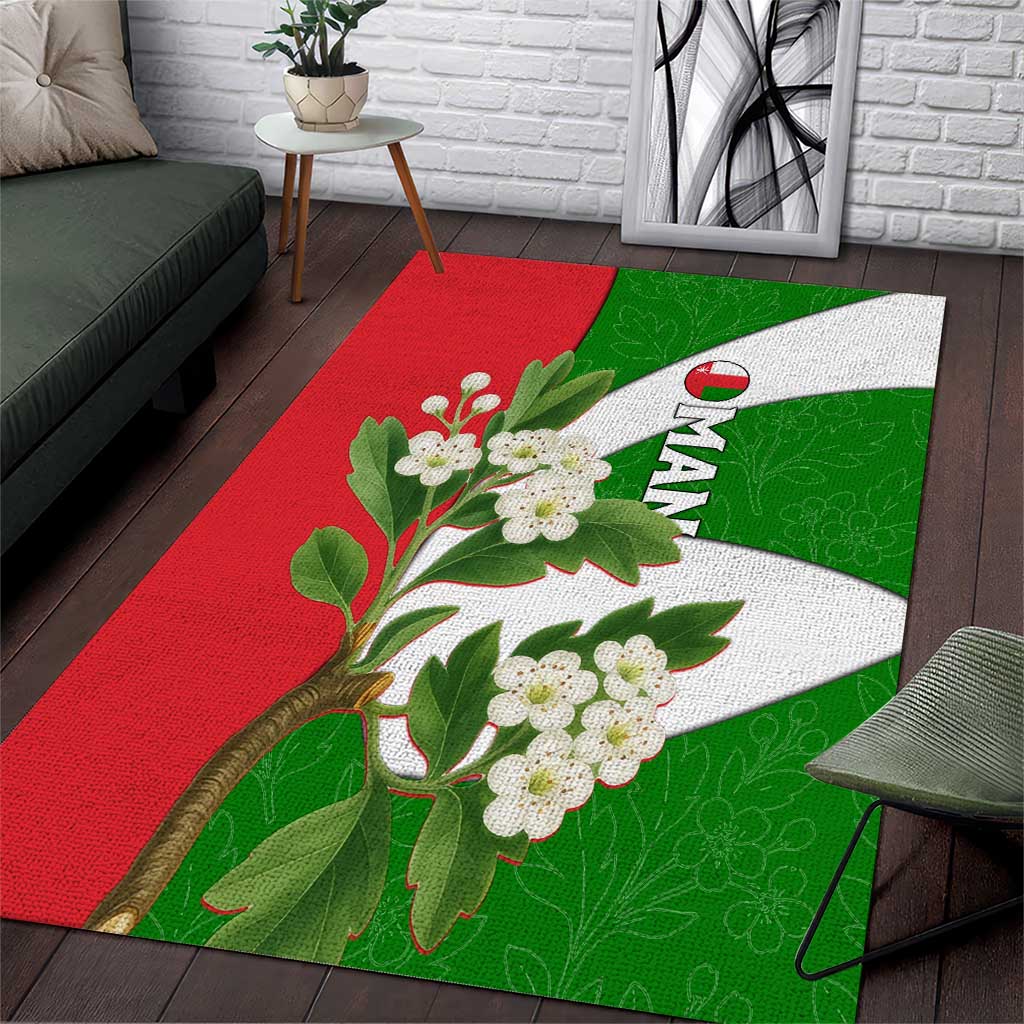 Oman Area Rug with White Blossom Floral Design and National Flag Colors