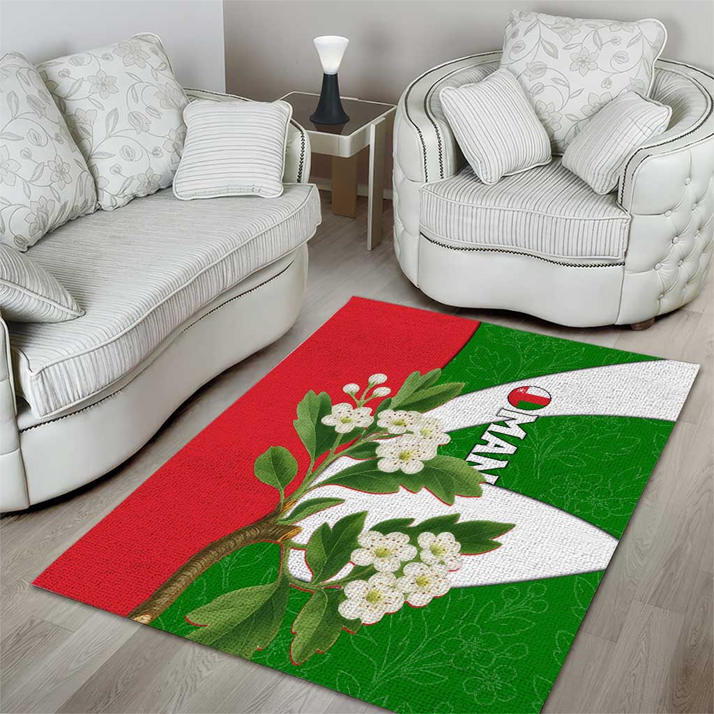Oman Area Rug with White Blossom Floral Design and National Flag Colors