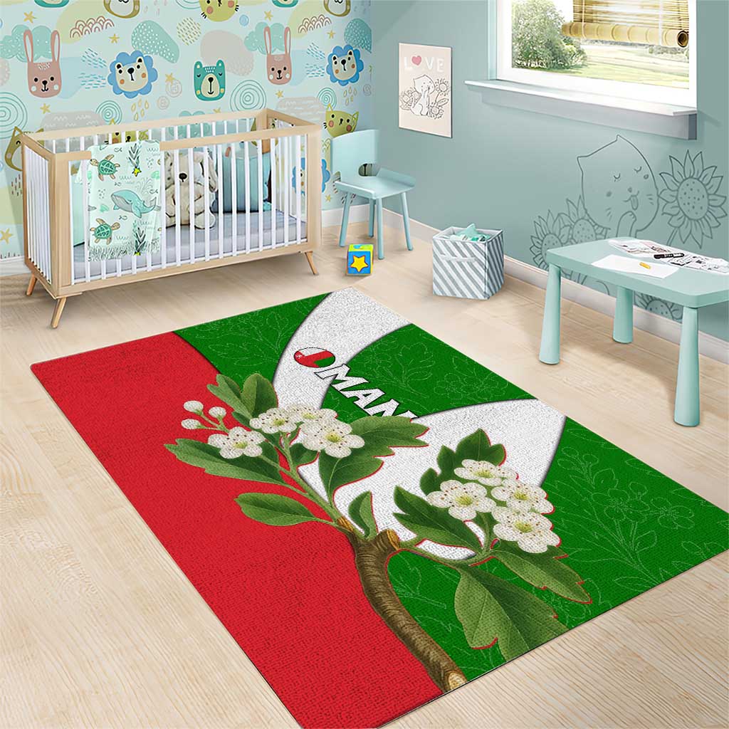 Oman Area Rug with White Blossom Floral Design and National Flag Colors