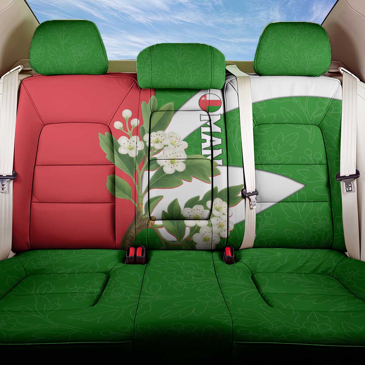 Oman Back Car Seat Cover with White Blossom Floral Design and National Flag Colors