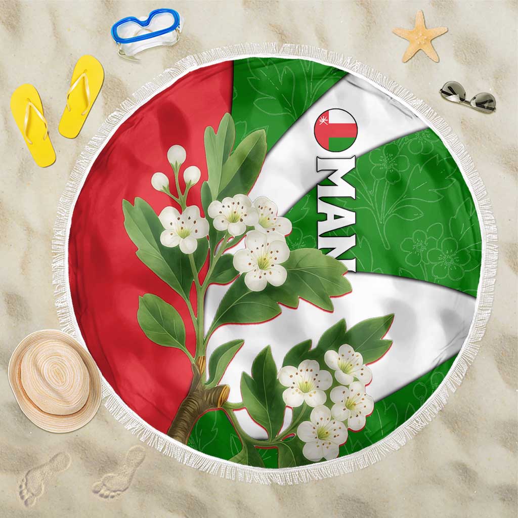 Oman Beach Blanket with White Blossom Floral Design and National Flag Colors