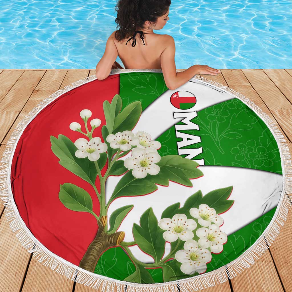 Oman Beach Blanket with White Blossom Floral Design and National Flag Colors