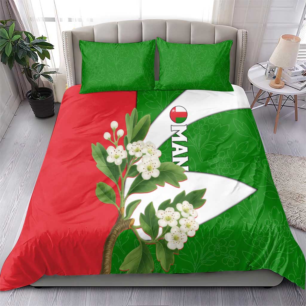 Oman Bedding Set with White Blossom Floral Design and National Flag Colors