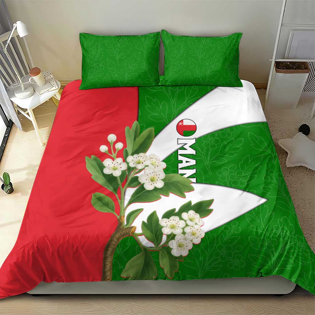 Oman Bedding Set with White Blossom Floral Design and National Flag Colors
