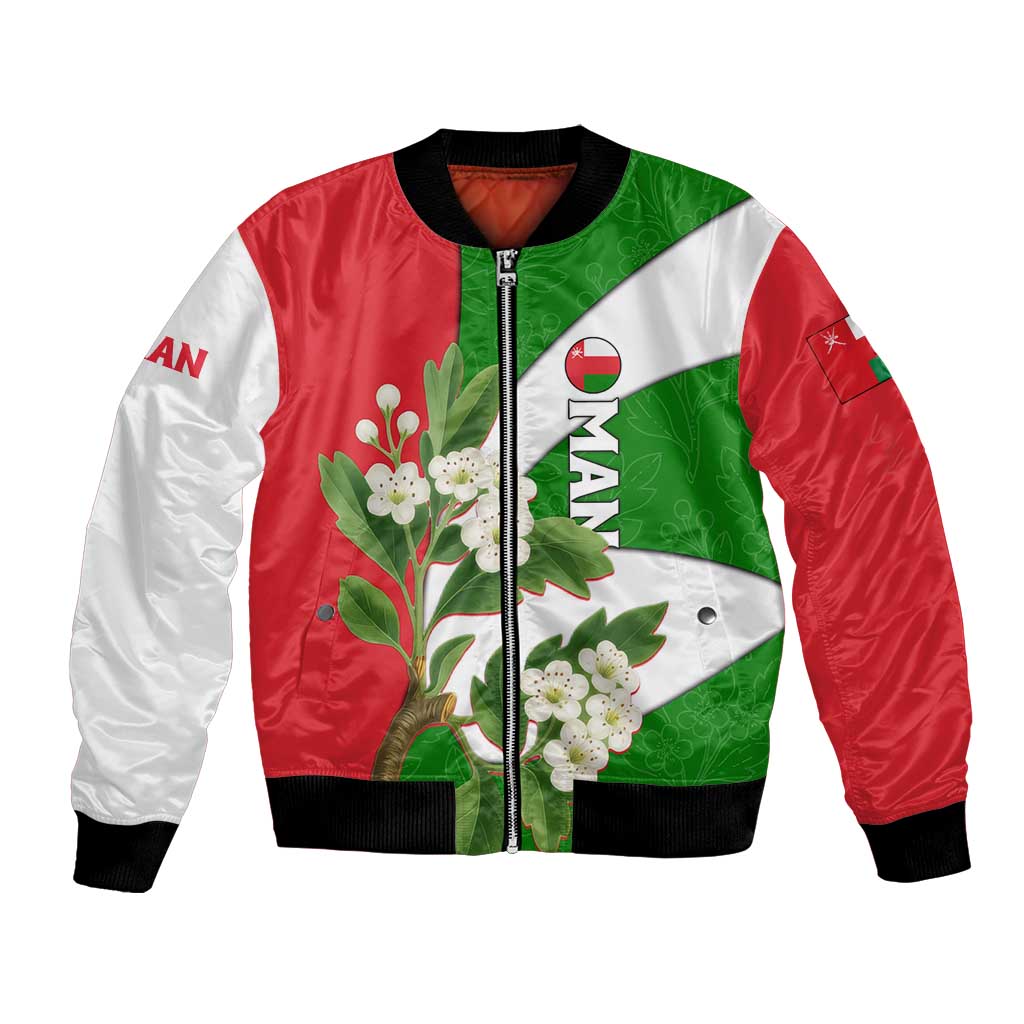 Oman Bomber Jacket with White Blossom Floral Design and National Flag Colors