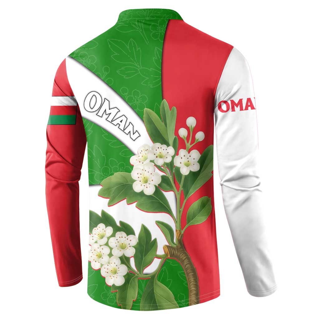 Oman Button Sweatshirt with White Blossom Floral Design and National Flag Colors