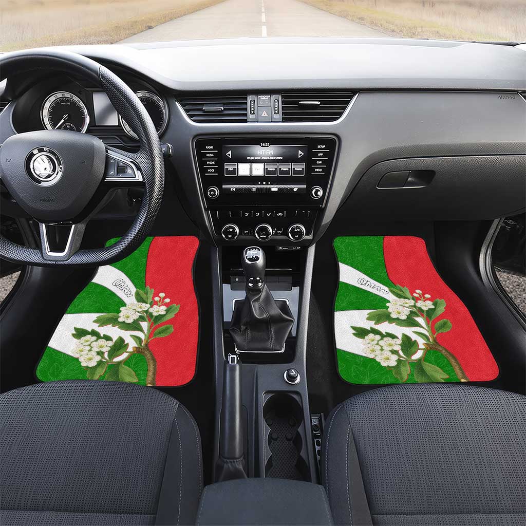 Oman Car Mats with White Blossom Floral Design and National Flag Colors