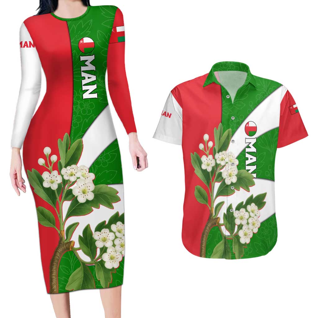 Oman Couples Matching Long Sleeve Bodycon Dress and Hawaiian Shirt with White Blossom Floral Design and National Flag Colors
