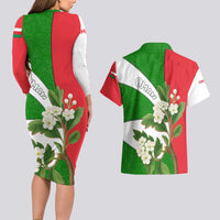 Oman Couples Matching Long Sleeve Bodycon Dress and Hawaiian Shirt with White Blossom Floral Design and National Flag Colors