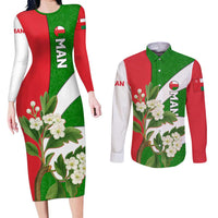 Oman Couples Matching Long Sleeve Bodycon Dress and Long Sleeve Button Shirt with White Blossom Floral Design and National Flag Colors